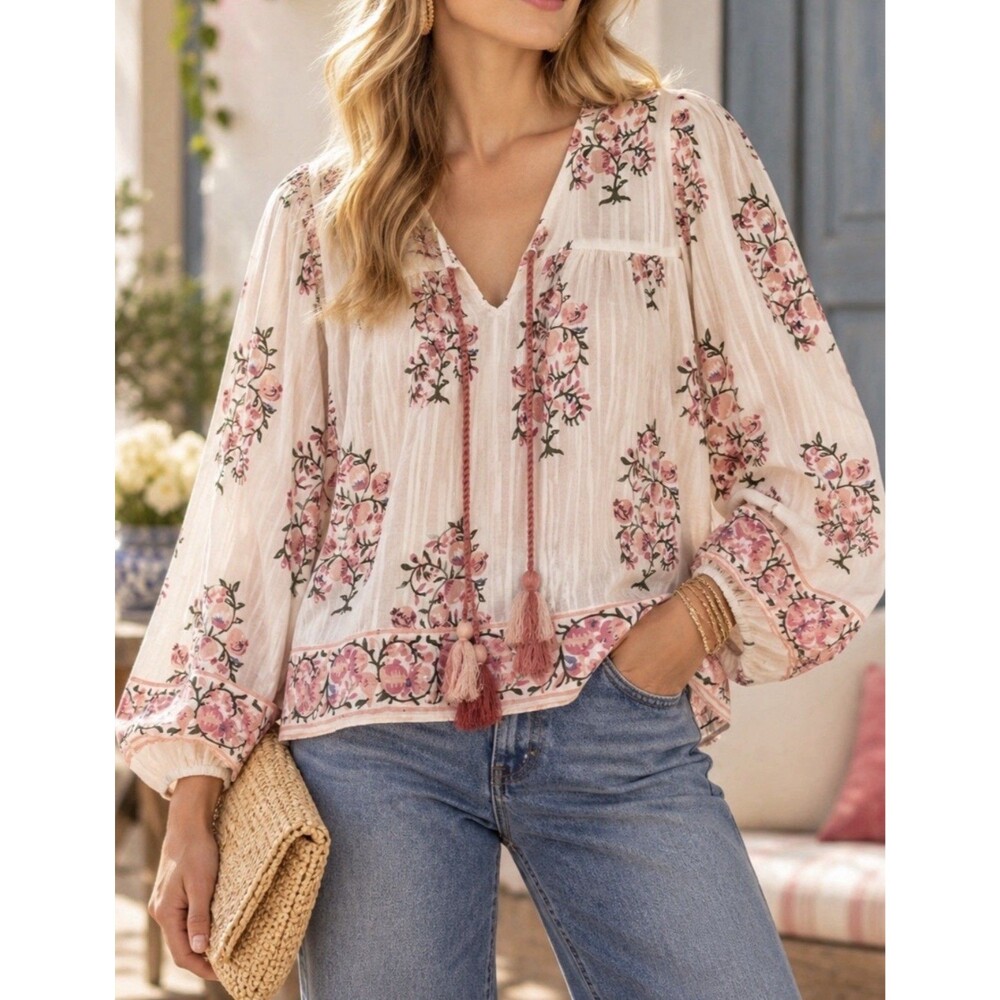 Calypso St Barth Boho Peasant Blouse Cottagecore Roses Floral XL